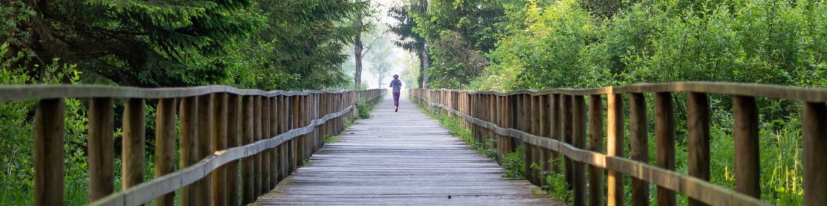 Someone running on a bridge in the woods